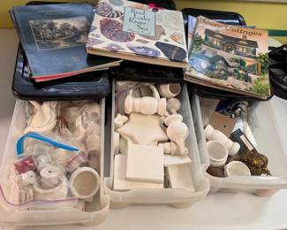 Box Lot#24 plastic drawers of wooden craft supplies, painting books