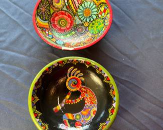 Hand-painted 5" bowls by Linda Conner, some minor wear due to storage, Floral and Flutist 