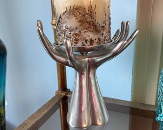 Silver hands pillar candle holder 8"H