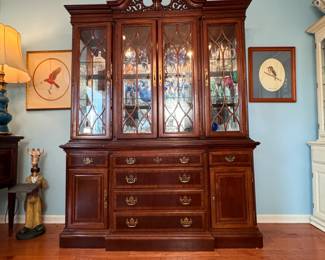 Chippendale style lighted breakfront /china cabinet by Universal Furniture, some wear, and scratches, overall good condition, 2 pieces, 7ft tall x 62"W x 18"D