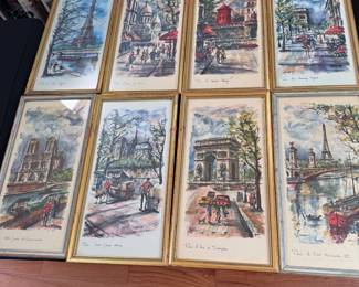 Set of 8 Vintage framed prints of Paris by Amo, 16" x 8"