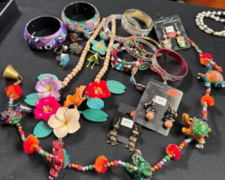 Jewelry Lot#16: Necklace, beaded strand with birds & turtles, painted & metal bracelets, rings, earrings 