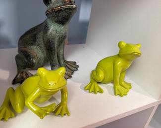 Group of 3 plastic frog figurines, tallest is 6"