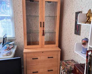 Lighted 2-piece laminated cabinet with glass shelves above (no back) lower drawers open smoothly, some wear, plastic hooks on side 6'5"H x 32"W x 24"D
