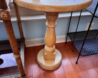 Small round wooden side table with glazed finish, some wear 19"H x 15"W