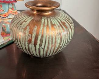 Pottery gold and turquoise glazed vase 2.5"H