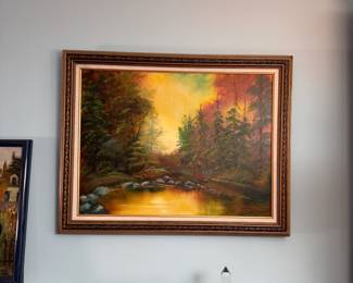 Forest landscape at sunrise original painting on canvas by Linda Conner 30" x 22"