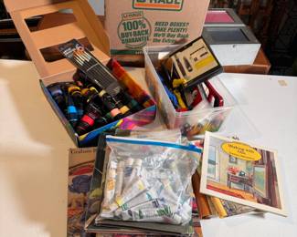 Box Lot#90, art books, acrylic paints, small tools