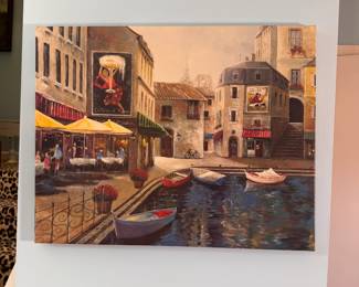 Mediterranean waterfront restaurant print on canvas 22" x 28"