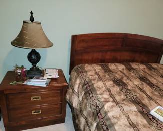 Queen headboard, mattress, side table and chest plus bed linens 