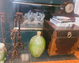 Large pottery, clock, display books, Metal storage cube, iron candle holders