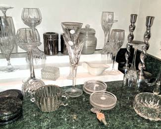 Gorman stemware and rocks glasses, Mikasa Celebration coasters, marble coasters, and crystal