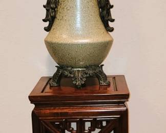 Rosewood pedestal with Urn and wall decor