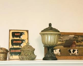 Decor display items: Lanterns, boxes, pottery pitcher