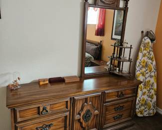 Long drexel dresser with mirror, 2 night stands, king bed, tall chest of drawers included in this set