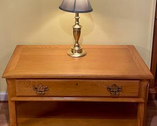 OAK LOW PROFILE CONSOLE TABLE  - HAND-CRAFTED BY JOE ANDREWS, BRASS CANDLESTICK LAMP - 2-AVAILABLE