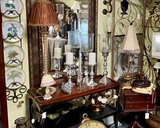 LARGE MIRROR, FOYER SHELVES, CLOCK, LAMPS, CANDLESTICKS, WALL SCONCE, SEWING BOX SIDE TABLE & MORE