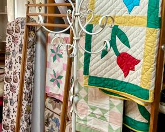QUILTS, QUILTS & MORE QUILTS!, ANTIQUE PRIVACY SCREEN, VINTAGE METAL COAT TREE