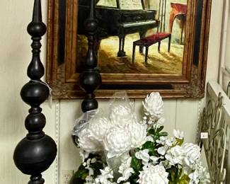 LARGE FINNIAL DECOR, FLORAL IN VASE, LARGE FRAMED PIANO PRINT, METAL FRAME MIRROR