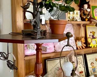 VINTAGE PHONE, SIDE TABLE, CRYSTAL LAMPS, CANDLESTICK LAMP, FLORAL