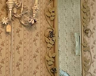 VINTAGE/ANTIQUE METAL LEAF WALL SCONCE, METAL LEAF MIRROR