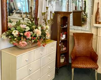 VINTAGE DRESSER, LARGE MIRROR, OPEN-COLLUMN CABINET, WOVEN RATTAN CHAIR, LARGE MIRROR, LARGE BRASS CANDLESTICK, VINTAGE/ANTIQUE LARGE METAL LEAF WALL SCONCE
(FLORAL/DOUGH BOWL - SOLD)