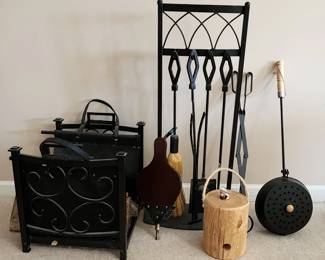Fireplace tools, corn popper, log holder and carrier, bellows and log starter