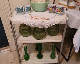 Metal Tea Cart, Vintage Fire-King Jadeite Bowl