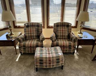 Plaid reclining chairs and ottoman