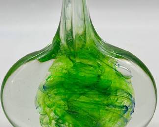 Irish Green & Clear Art Glass Flat Bottle Vase