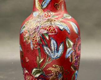 Asian Cloisonné Red Peony Vase