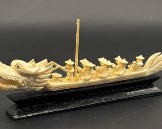 Carved Bone Chinese Long Boat w/ Dragon & Rowers