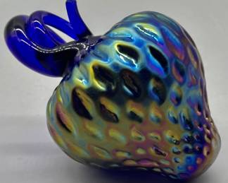 Signed Levay Art Glass Iridescent Blue Strawberry