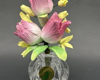 Waterford Crystal Vase w Pink Rose & Yellow Flower