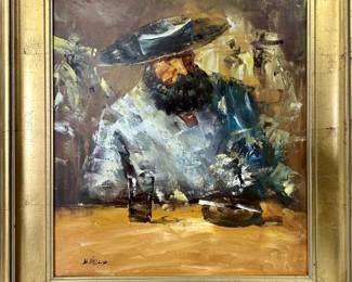 E. Vallo Original Oil on Canvas, Man in Cantina