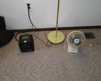 Heater table top fan and brass floor lamp
