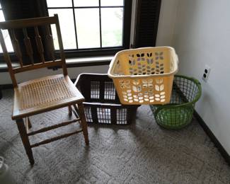 Solid sturdy wooden chair and a nice variety of laundry baskets