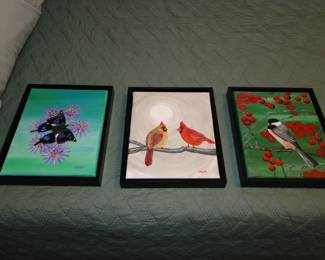 Handpainted, trio of a butterfly, cardinals, and chickadee