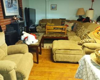Great sectional sofa, recliner, large tv, portable fireplace and stereo speakers