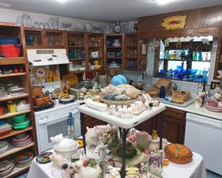 Tupperware, China, Stained glass nativity and blue cut crystal