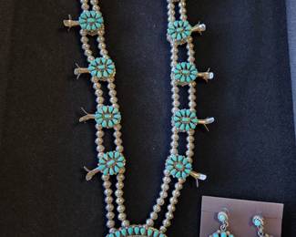 Squash Blossom turquoise necklace and ear rings