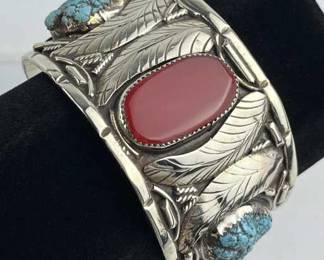 925 Silver Navajo Red Coral & Turquoise Bracelet