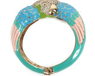 Lot 217
Enamel and rhinestone figural parrot heads enamel clamper cuff bracelet