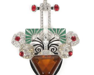 Lot 211
HUGE Art Deco 89 pendant with amber colored jewel, enamel, red cabochon center flowers, and rhinestone details