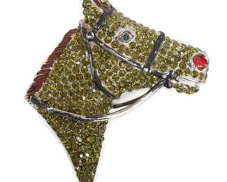 Lot 213
Vintage Coro figural horse head profile pin brooch with green pave rhinestones, enamel, and rhodium-plated