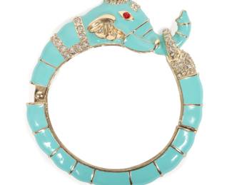 Lot 216
Enamel and rhinestone figural turquoise elephant hinged bracelet