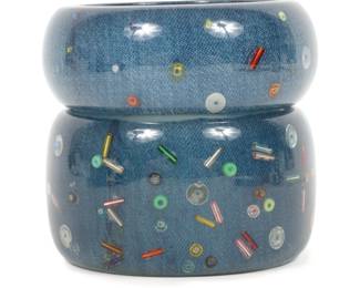 Lot 208
Sobral? vintage 1980s-90s pair of Lucite acrylic cased denim cuff bracelets with sequin bead confetti.