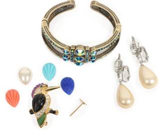 Lot 210
KJL Kenneth Jay Lane Kingfisher Bird Interchangeable molded glass jewel pin Brooch in box, KJL Rhinestone And Faux Pearl Drop earrings, and Heidi Daus Aurora Borealis jeweled Open hinged cuff Bracelet