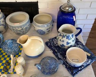Collection of blue pottery from USA, England, and China.