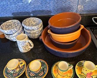 Spanish Cazuela baking dishes. Italian espresso cups. Bennington  Vermont pottery.